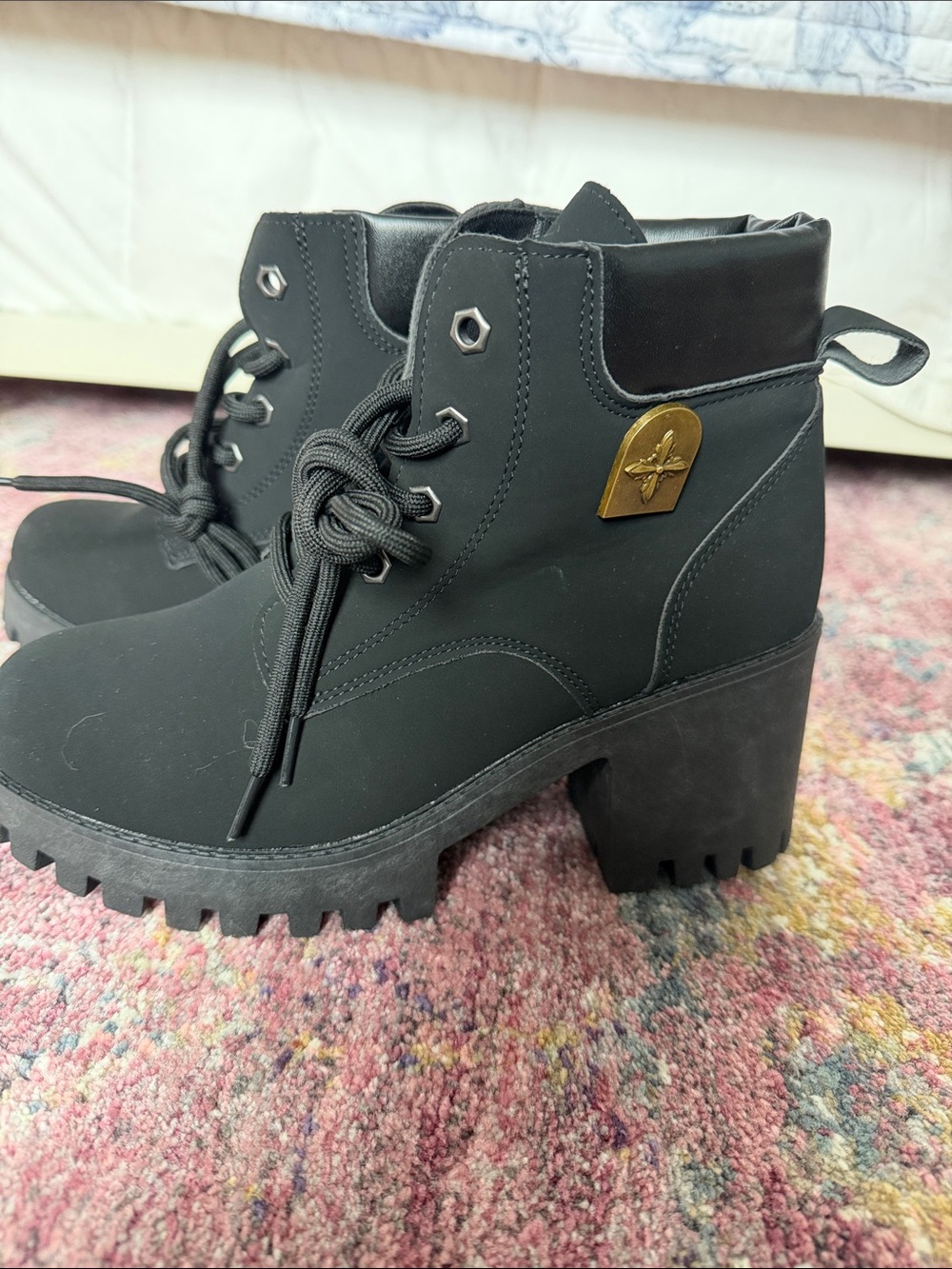 Women’s Black Lace-Up Lug Heel Ankle Boots with Gold Accent